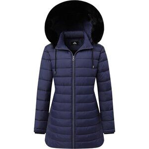 Women's Navy Long Down Jacket Winter Hooded Puffer Coat